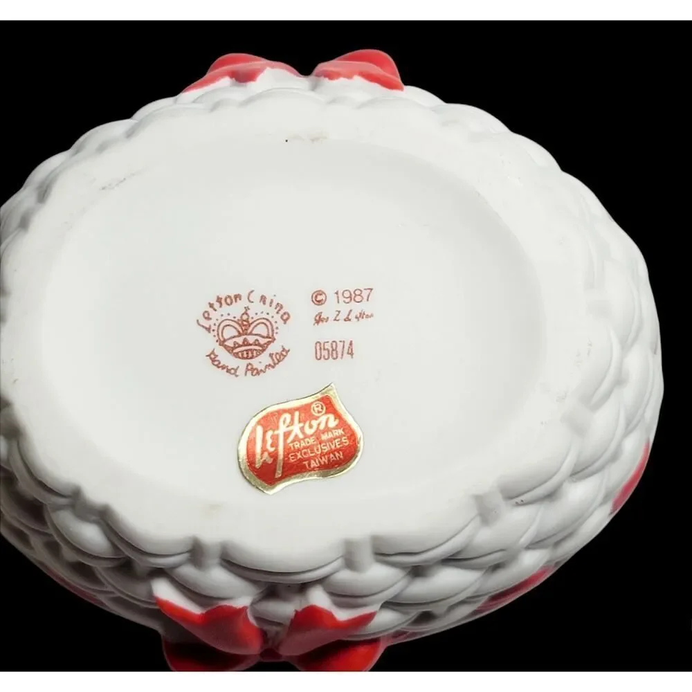 VTG Lefton Porcelain Christmas Kitty Trinket‎ Dish Bowl Holly Ribbon 1987 READ